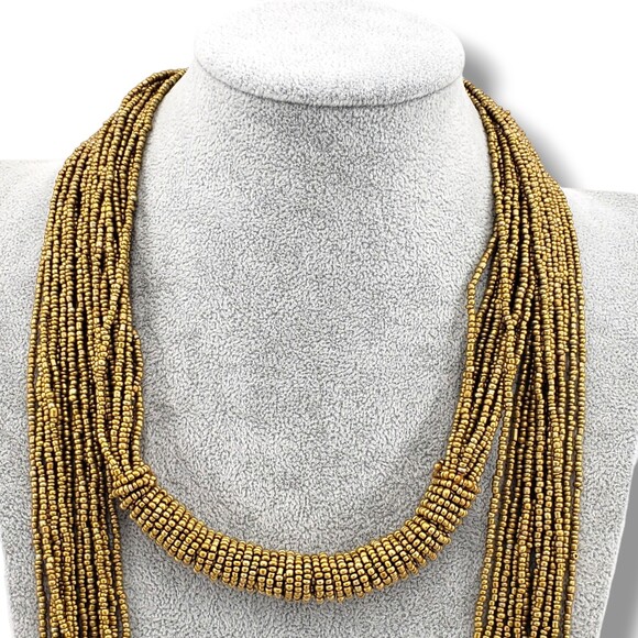 Vintage Multi Strand Gold Seed Bead Wrap Necklace Boho Adjustable 13 Strands - Picture 1 of 10